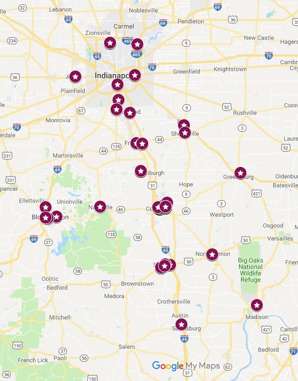 Geograhpic map of previous internship locations spread from Madision to north side of Indianapolis.