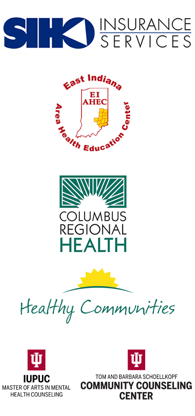 Brand marks of SIHO Insurance Services, East Indiana Area Health Education Center, Columbus Regional Health Healthy Communities, and IUPUC Masters in Mental Health Counseling Program and the Tom and Barbara Schoellkopf Community Counseling Center